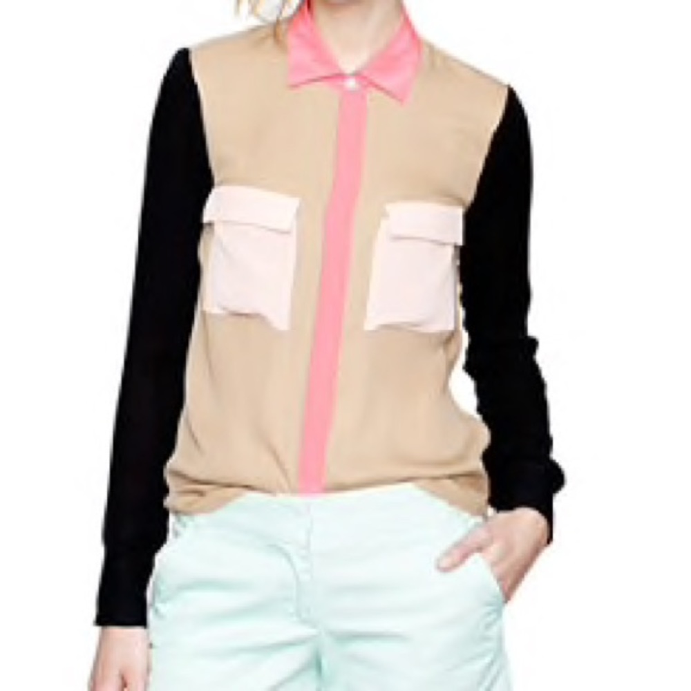 Silk Color-block Blouse tan, coral and black